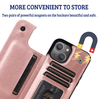 iPhone 16 Plus Compatible Case Cover With Back Flip Leather Wallet - Rose Gold